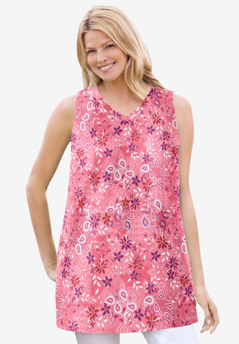 Perfect Printed Sleeveless Shirred V-Neck Tunic, ROSE PINK PATCHWORK, hi-res image number null