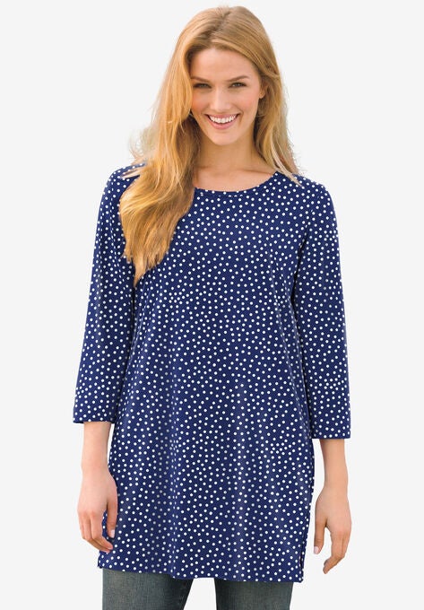 Perfect Printed Three-Quarter-Sleeve Scoop-Neck Tunic, NAVY OFFSET DOT, hi-res image number null
