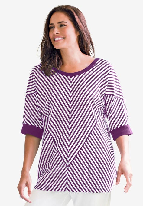 mitred striped scoopneck tee, PLUM PURPLE CLASSIC STRIPE, hi-res image number null