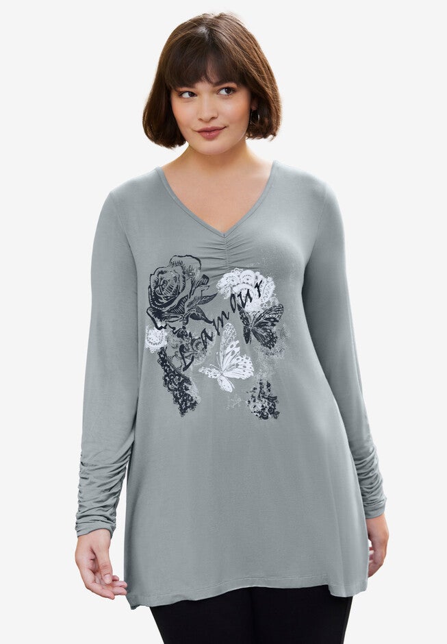 Ruched Sleeve Tunic, GUNMETAL ROSE GRAPHIC, hi-res image number 0