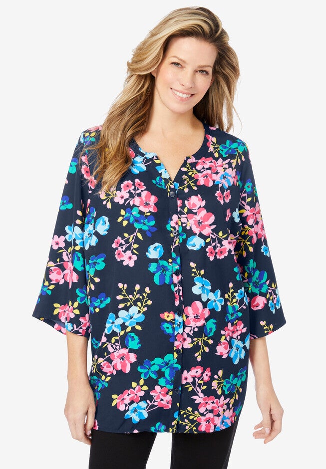 Y-Neck Button Front Blouse, NAVY MULTI BLOSSOM, hi-res image number null