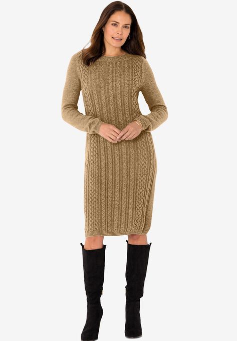 Cable Knit Sweater Dress, SOFT CAMEL, hi-res image number null