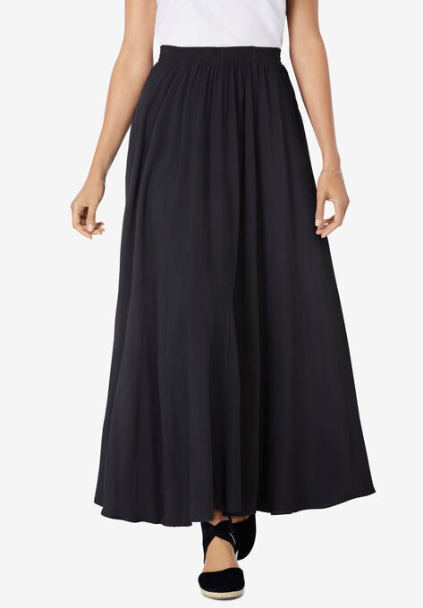 Pull-On Elastic Waist Soft Maxi Skirt, BLACK, hi-res image number null