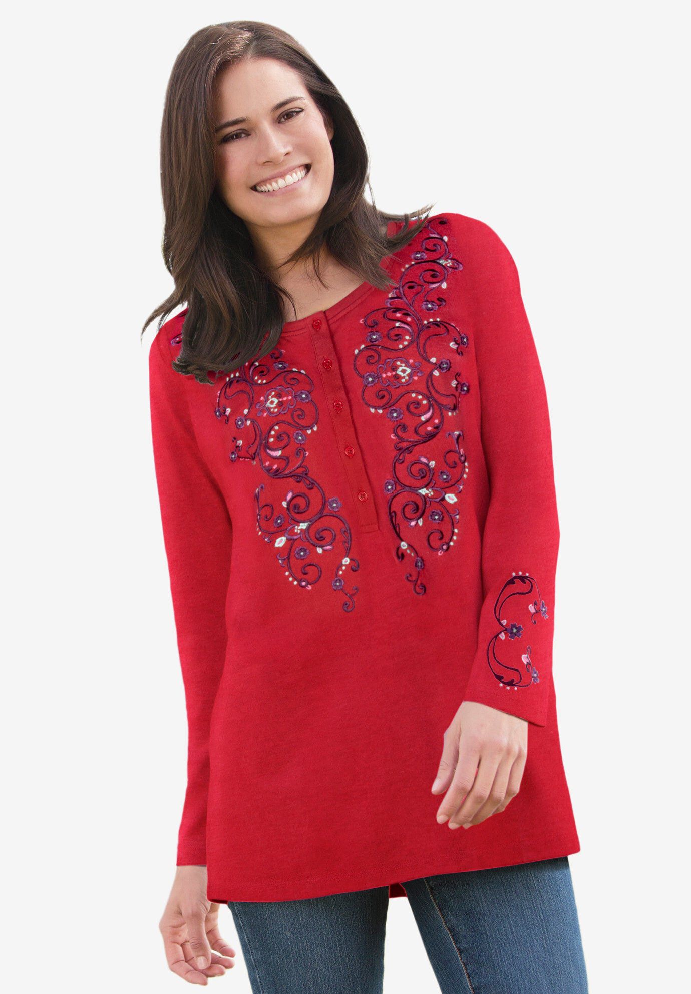 Embroidered Henley Tee, CLASSIC RED SCROLL, hi-res image number 0