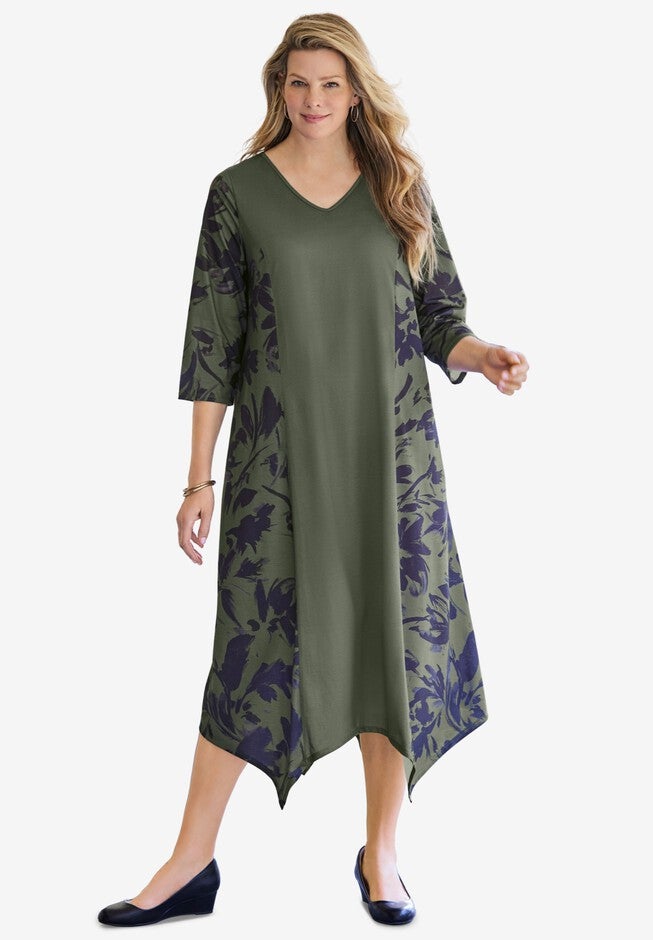 Mixed Media Hanky Hem Dress, OLIVE GREEN ABSTRACT, hi-res image number null