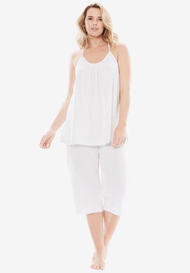 Breezy Eyelet Knit Tank & Capri PJ Set , WHITE, hi-res image number 0