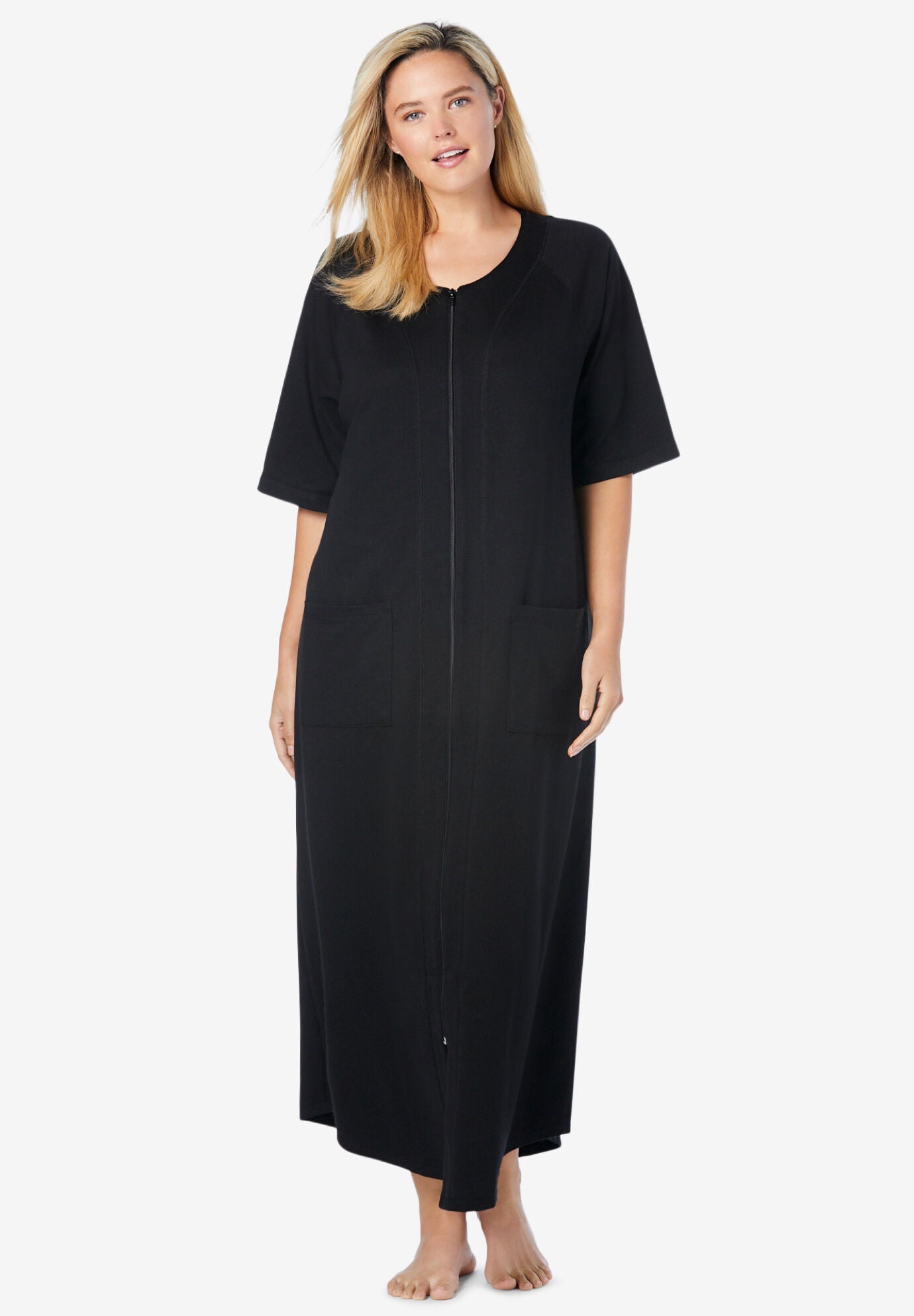 Long French Terry Zip-Front Robe, BLACK, hi-res image number 0