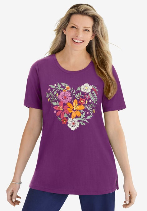 Floral Crewneck Tee, PLUM PURPLE HEART GARDEN, hi-res image number null