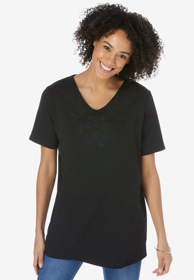 Embroidered V-Neck Tee, BLACK PAISLEY EMBROIDERY, hi-res image number null