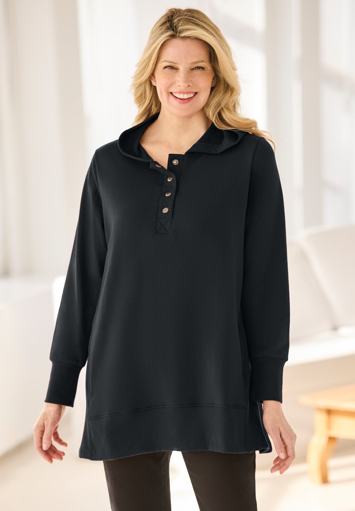 Snap Hoodie Pocket Sweatshirt, BLACK, hi-res image number 0