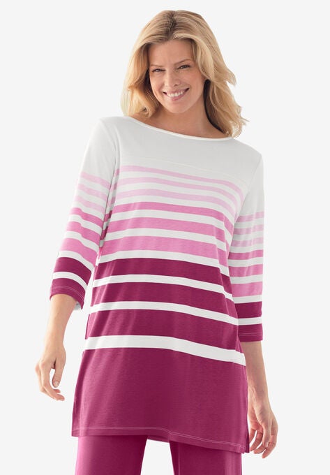 Three-Quarter Sleeve Multi Stripe Tunic, RASPBERRY STRIPE, hi-res image number null