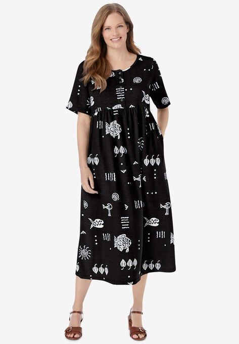 Stamped Empire Waist Dress, BLACK STAMPED PRINT, hi-res image number null