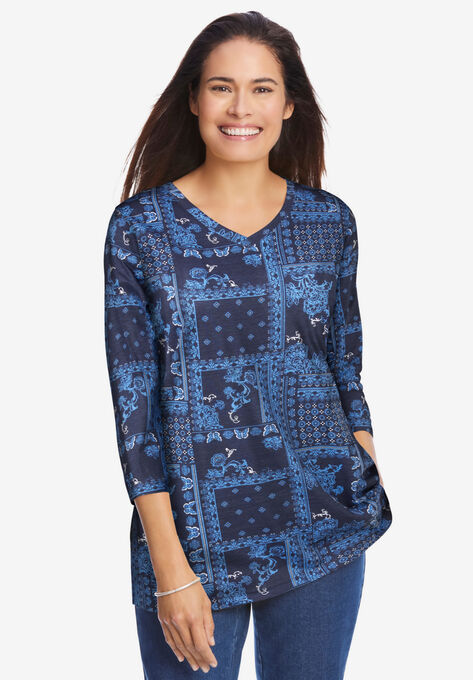 Perfect Printed Three-Quarter Sleeve V-Neck Tee, NAVY PATCHWORK BANDANA, hi-res image number null