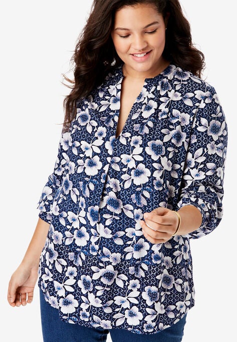 Split Neck Tunic, BLUE GRAPHIC FLORAL, hi-res image number null