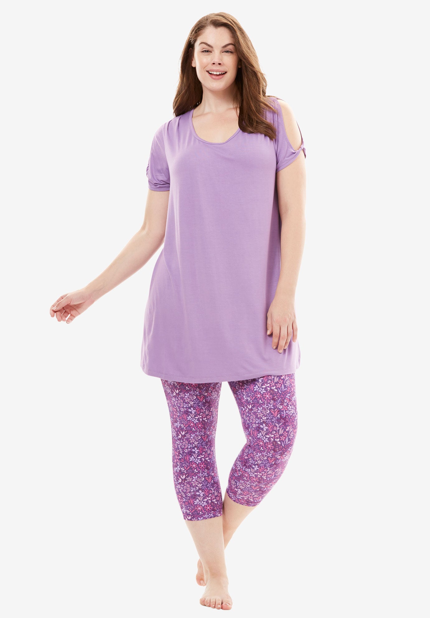 Cold Shoulder Capri PJ Set by Dreams & Co.&reg;, ROYAL GRAPE FLORAL, hi-res image number 0