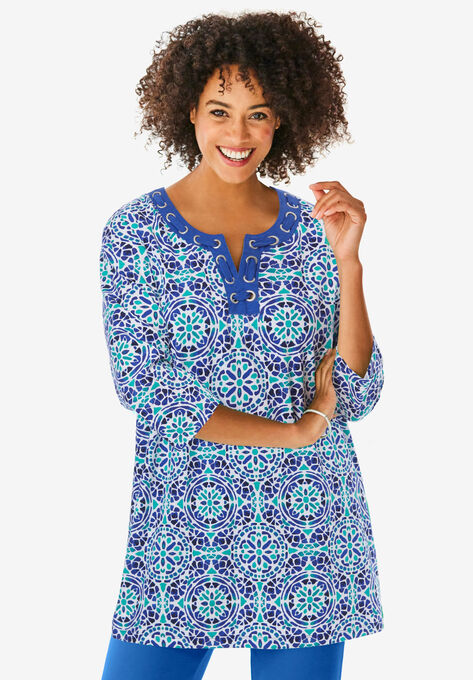 Three-Quarter Sleeve Lace-Up Tunic, DEEP COBALT MOSAIC, hi-res image number null