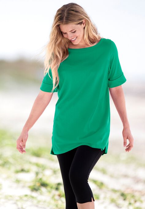 Perfect Cuffed Elbow-Sleeve Boat-Neck Tee, , alternate image number null