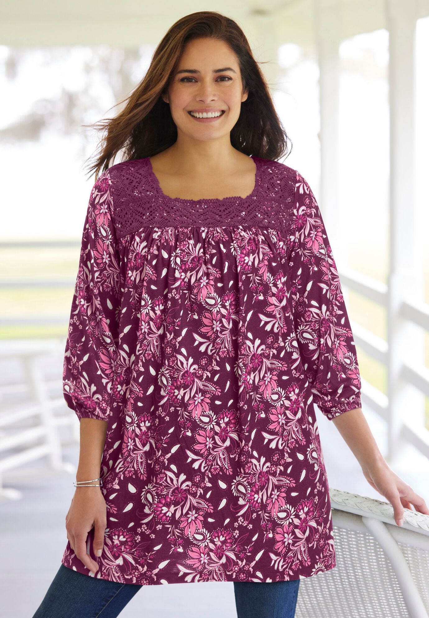 Lace Trim Three-Quarter Sleeve Tunic., , alternate image number 2