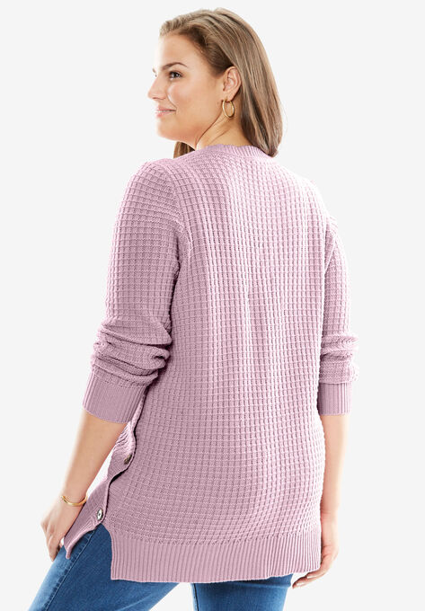 Side Button V-Neck Waffle Knit Sweater, , on-hover image number null