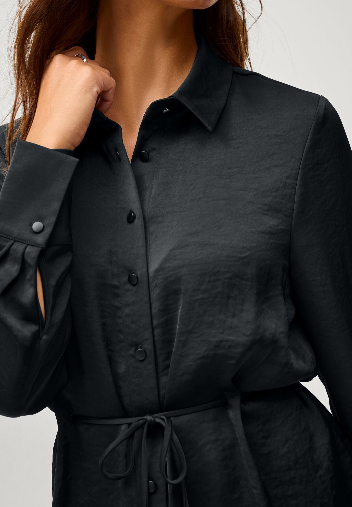 Button Front Satin Tunic With Self Belt, BLACK, alternate image number 2