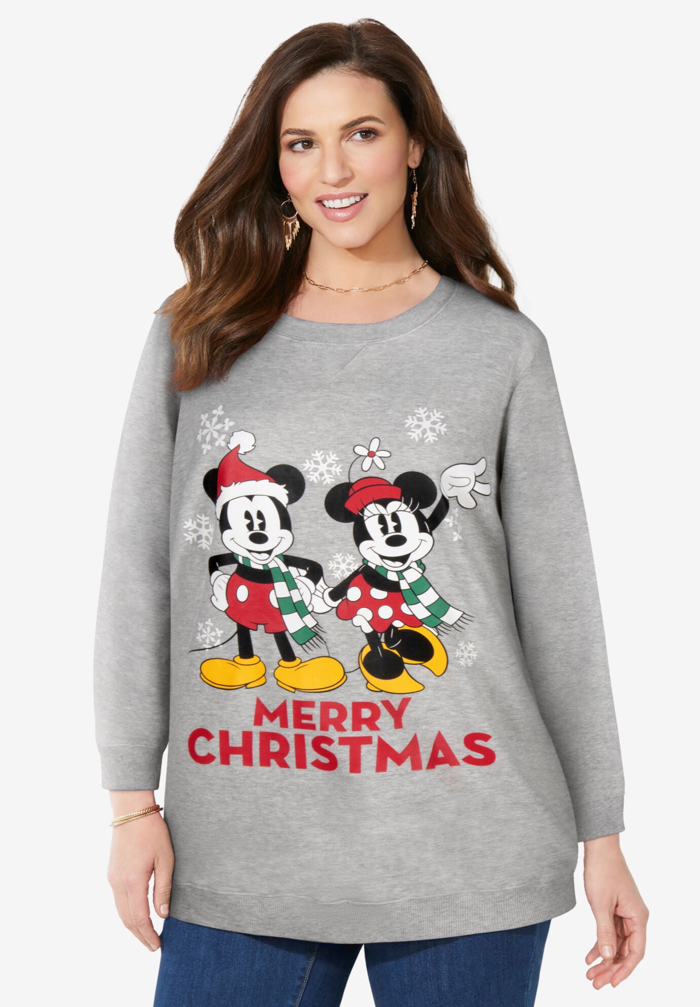 Disney Long-Sleeve Fleece Sweatshirt Xmas Heather Grey Mickey Minnie, HEATHER GREY MICKEY MINNIE, hi-res image number 0