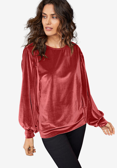 Full Sleeve Velour Top, MAROON RED, hi-res image number null