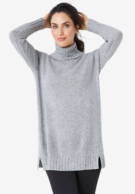 Ribbed Turtleneck Tunic Sweater, HEATHER GREY, hi-res image number null