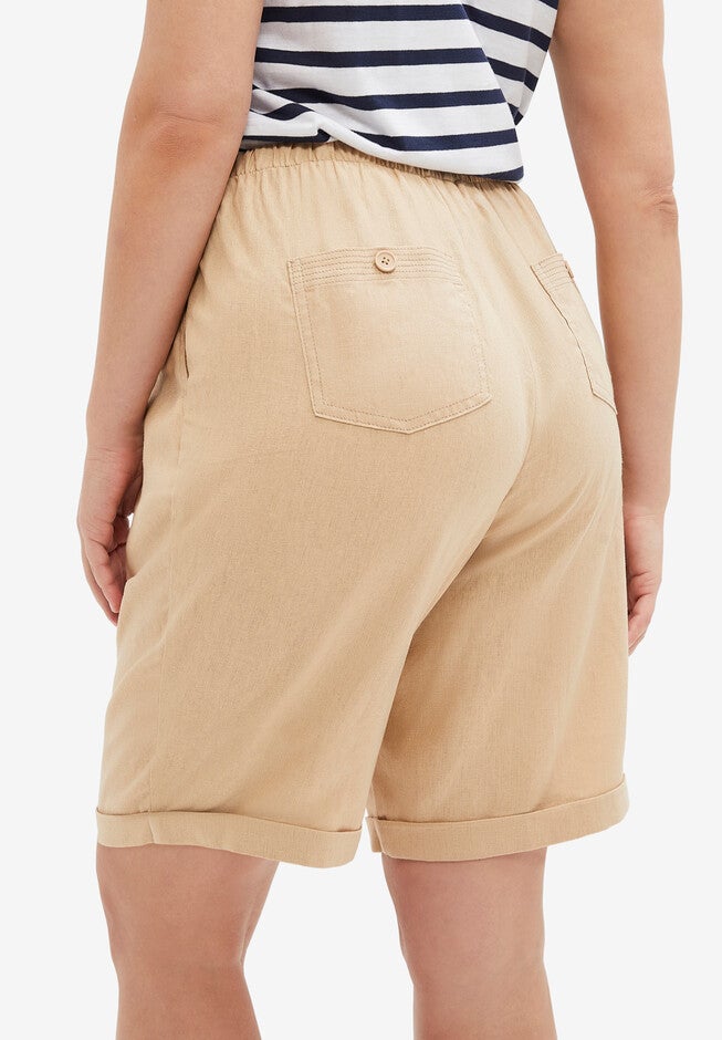 Linen Blend Drawstring Bermuda Shorts, , on-hover image number 1