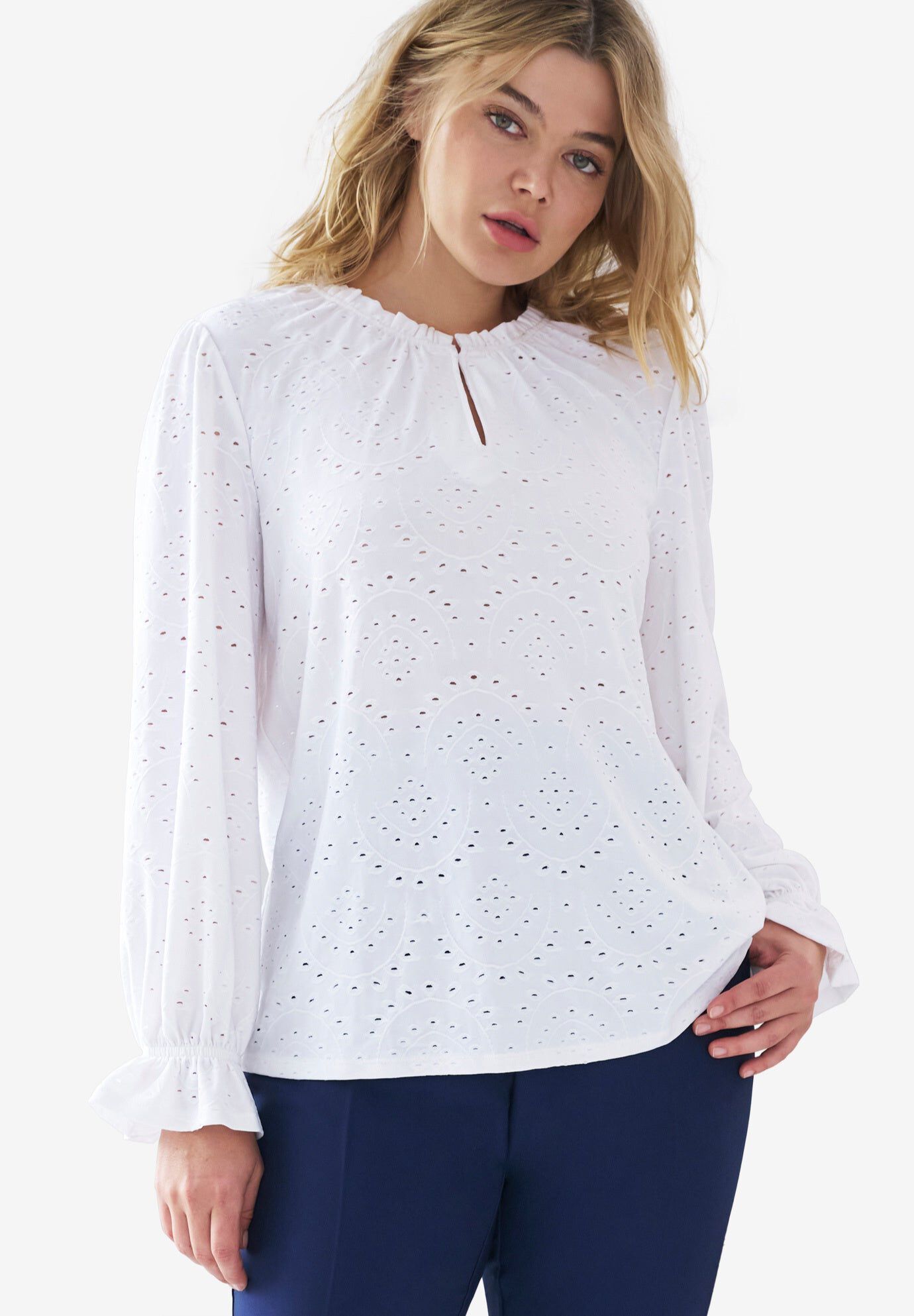 Eyelet Round Neck Long Sleeve Knit Top main image 0