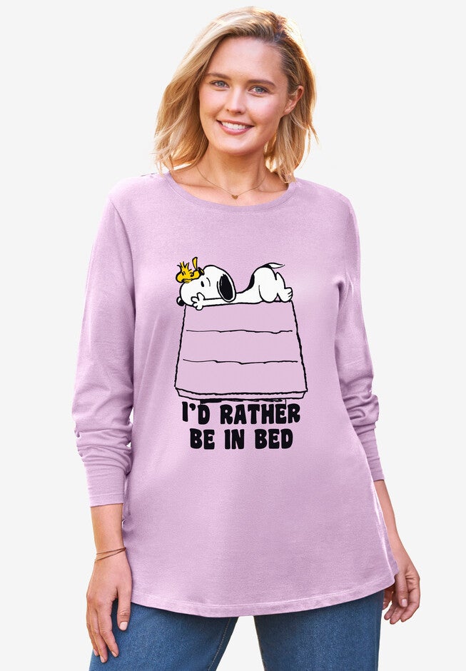 Peanuts Women's Long Sleeve Crew Tee Snoopy Bed Pink, PINK SNOOPY BED, hi-res image number 0