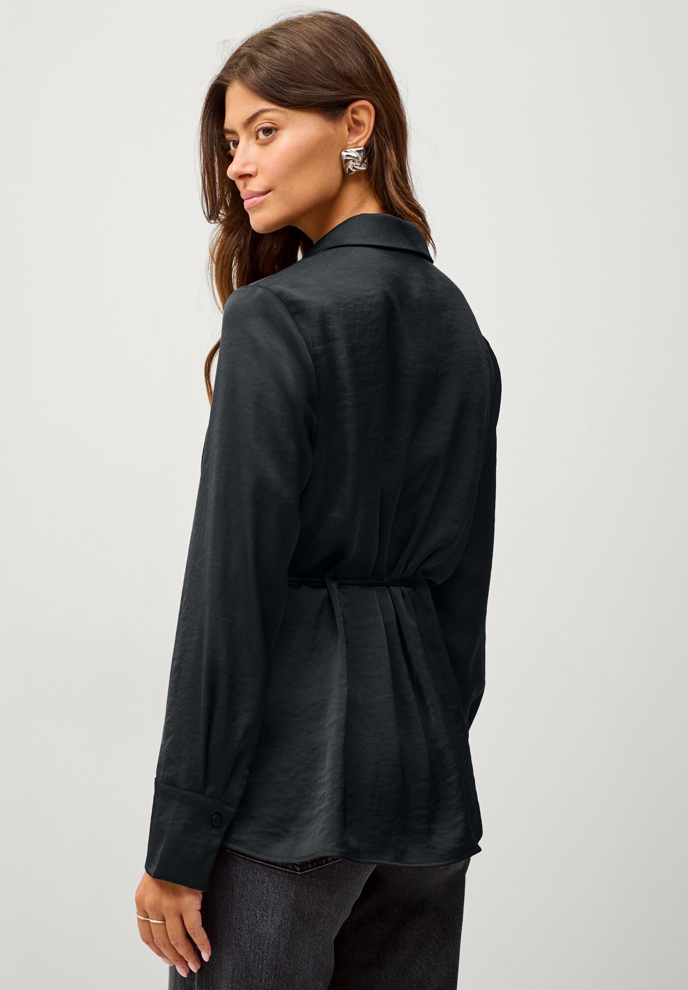 Button Front Satin Tunic With Self Belt, BLACK, on-hover image number 1
