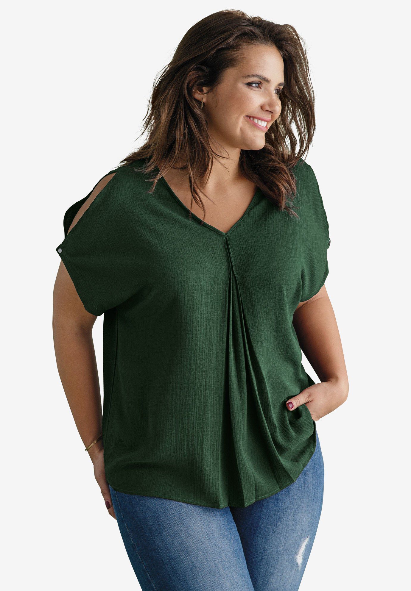 Slit Sleeve Blouse, MIDNIGHT GREEN, hi-res image number 0