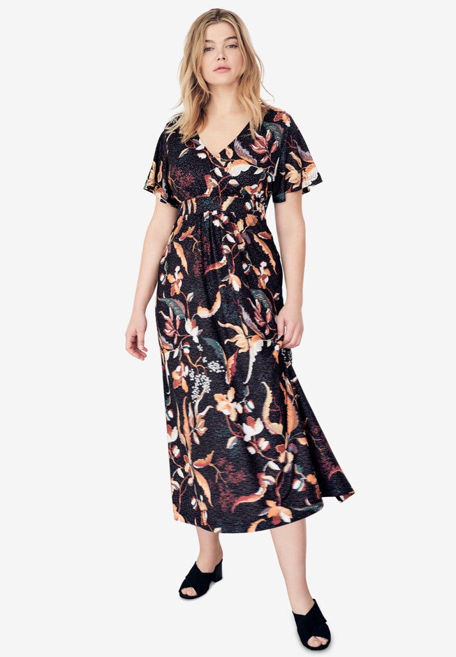 Tie-Back Surplice Knit Midi Dress, BLACK MULTI LEAF, hi-res image number null