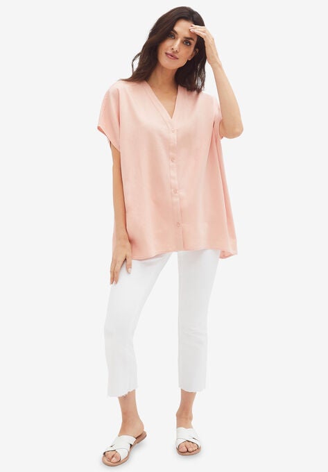 Button-Front Linen-Blend Tunic, VINTAGE CORAL, hi-res image number null
