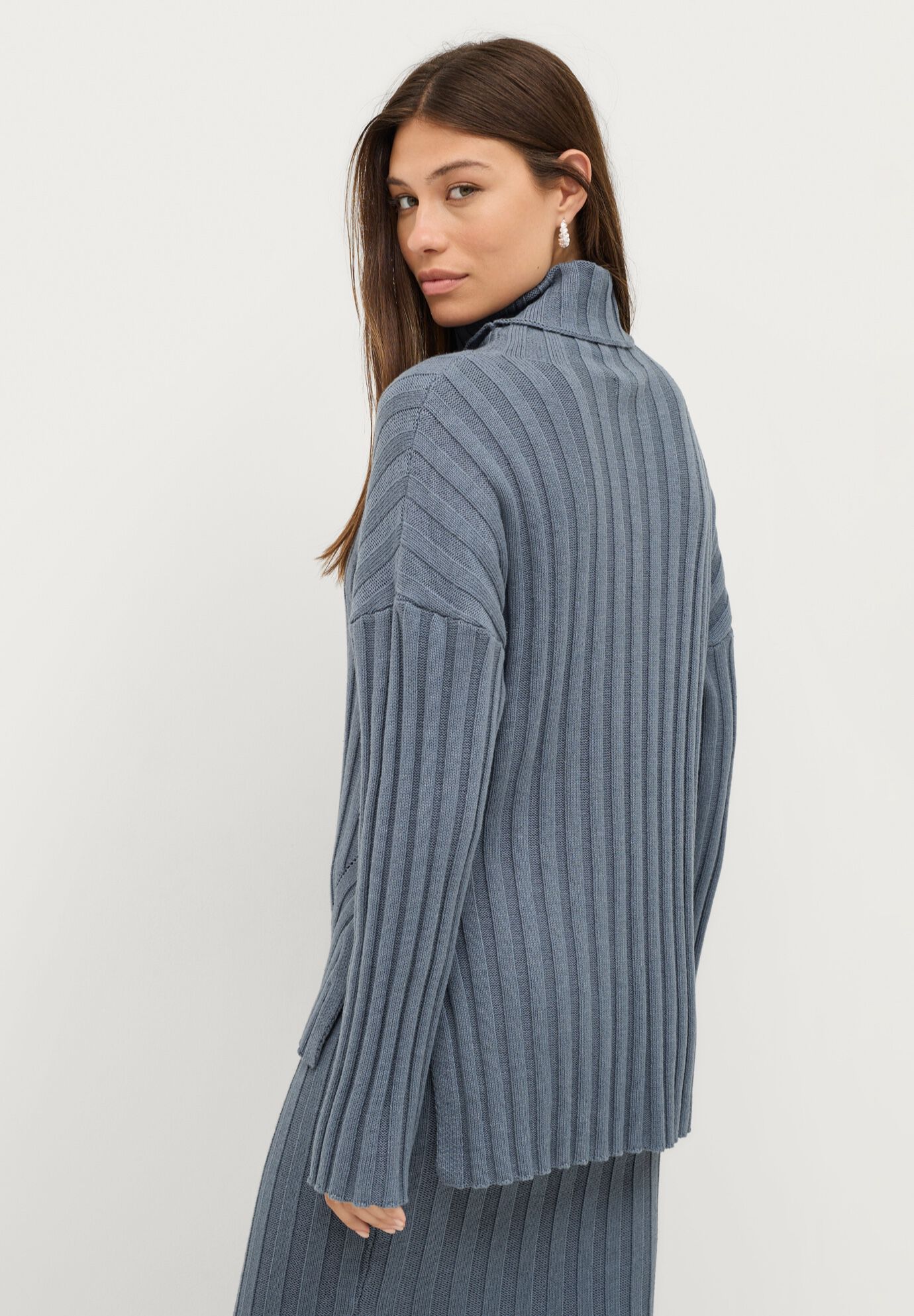 Wide Ribbed Turtleneck Pullover with Hi-Low Hem, VINTAGE BLUE, on-hover image number 1