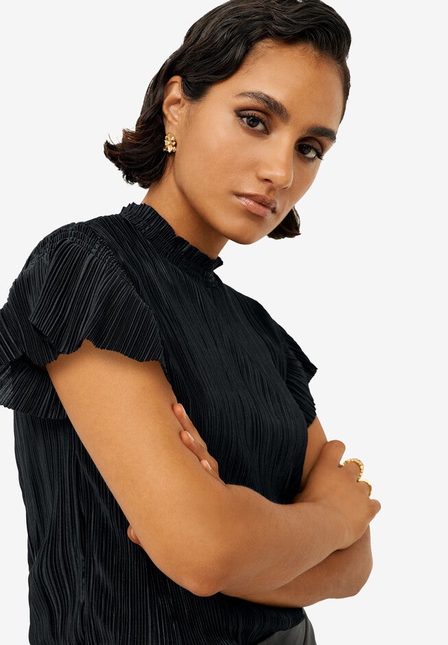 Flutter Cap Sleeve Plisse Top, , alternate image number 2