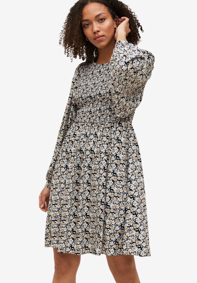 Smocked Fit & Flare Dress, NEUTRAL DITSY FLORAL, hi-res image number 0