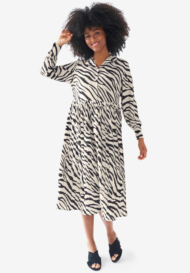 Midi Shirtdress With Pleated Skirt, STONE BLACK PRINT, hi-res image number 0