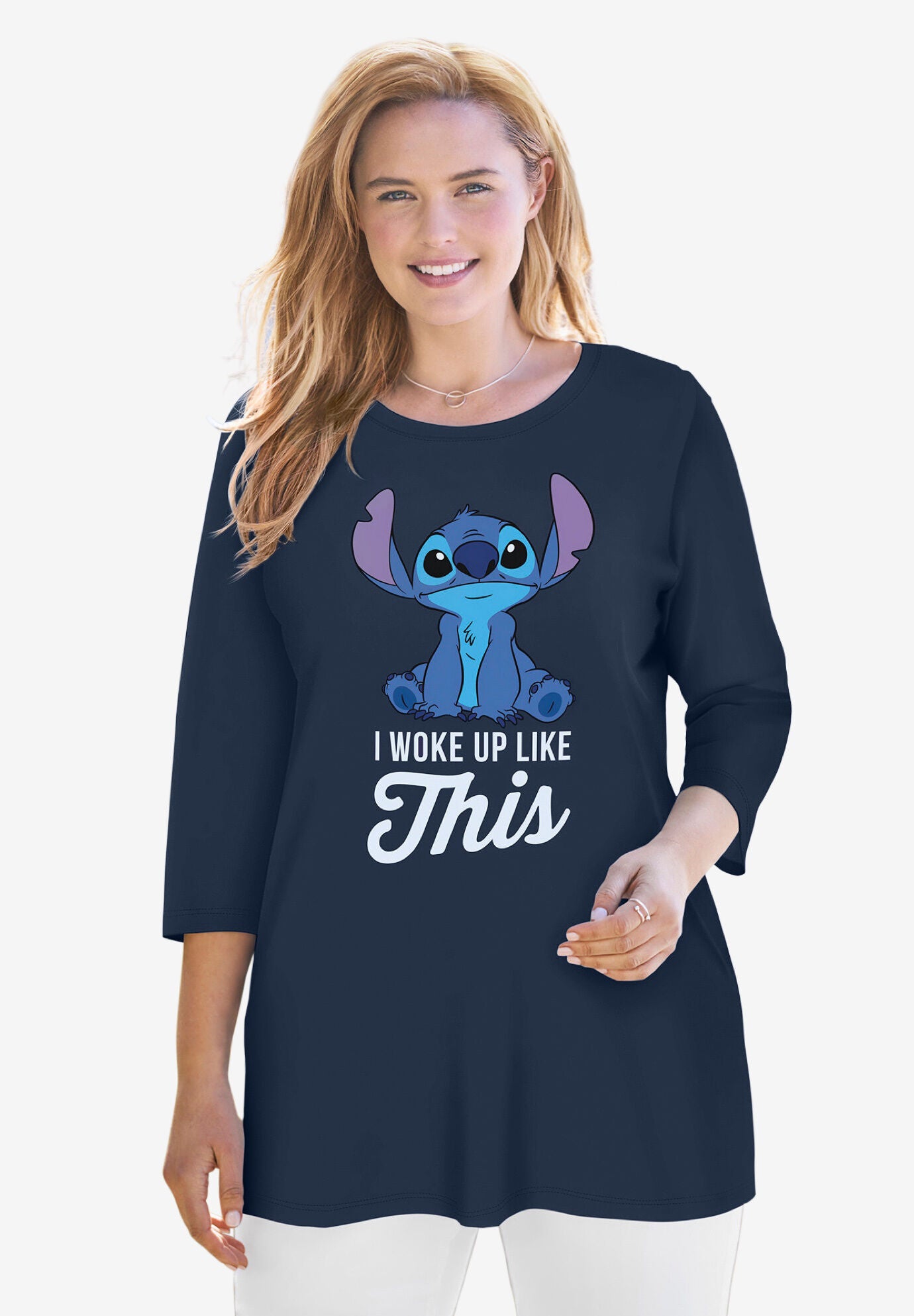 Disney Women&#39;s Three-Quarter Sleeve Tunic Stitch I Woke Up Like This Navy, NAVY STITCH, hi-res image number 0