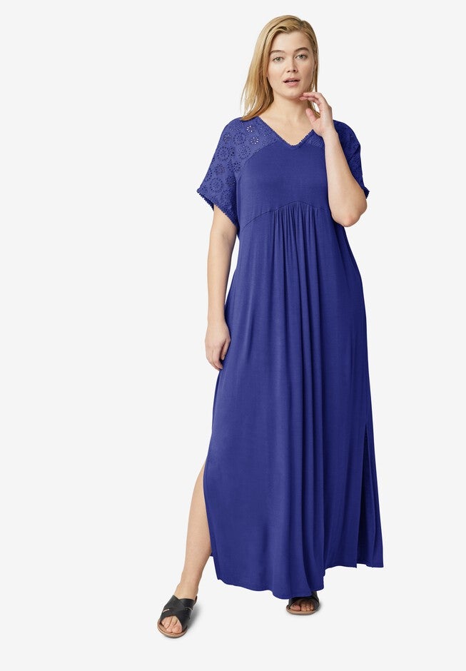 Eyelet Trim Knit Maxi Dress, BLUEBERRY, hi-res image number null