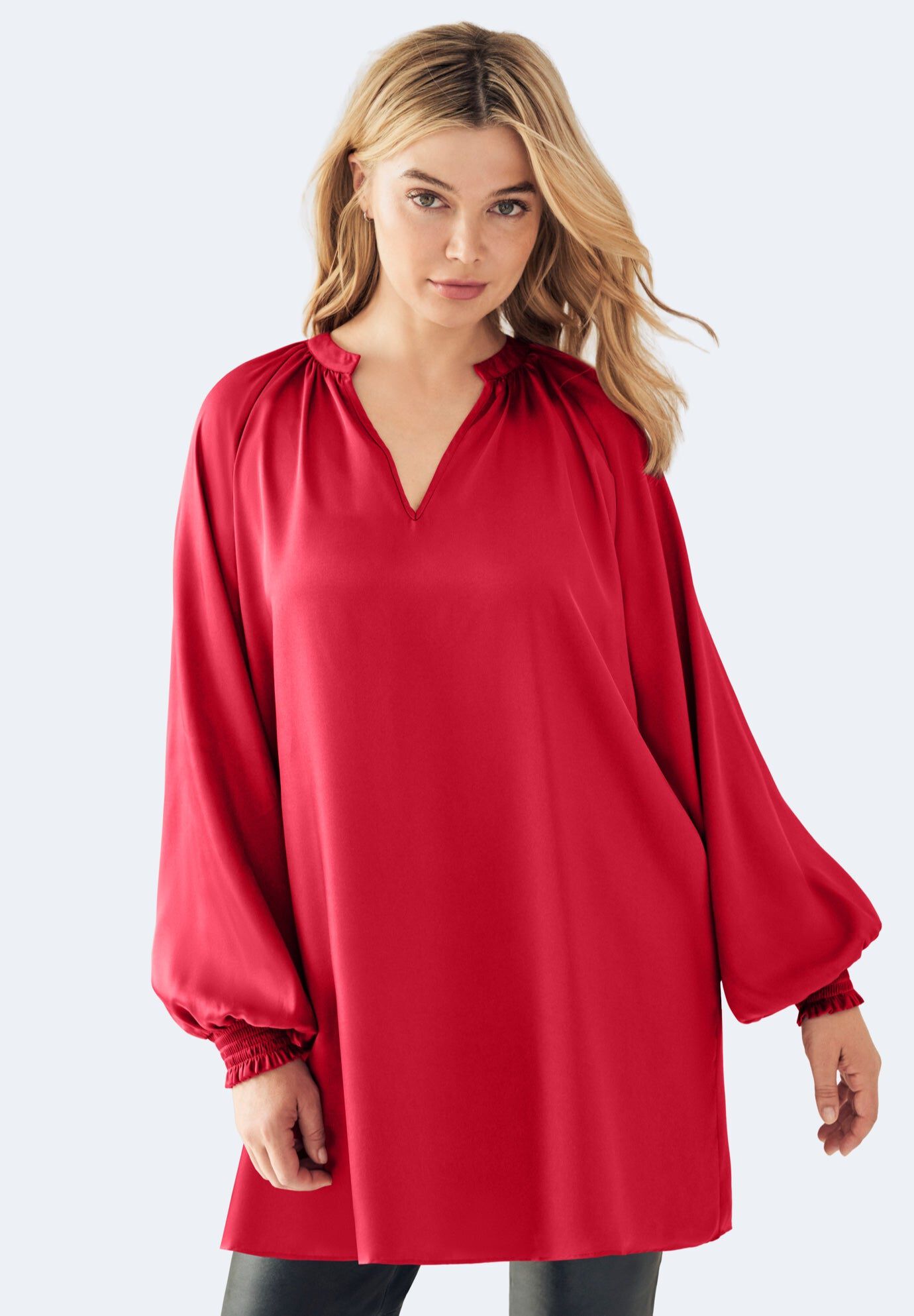 Satin V-Neck Tunic With Blouson Sleeves, CLASSIC RED, hi-res image number 0
