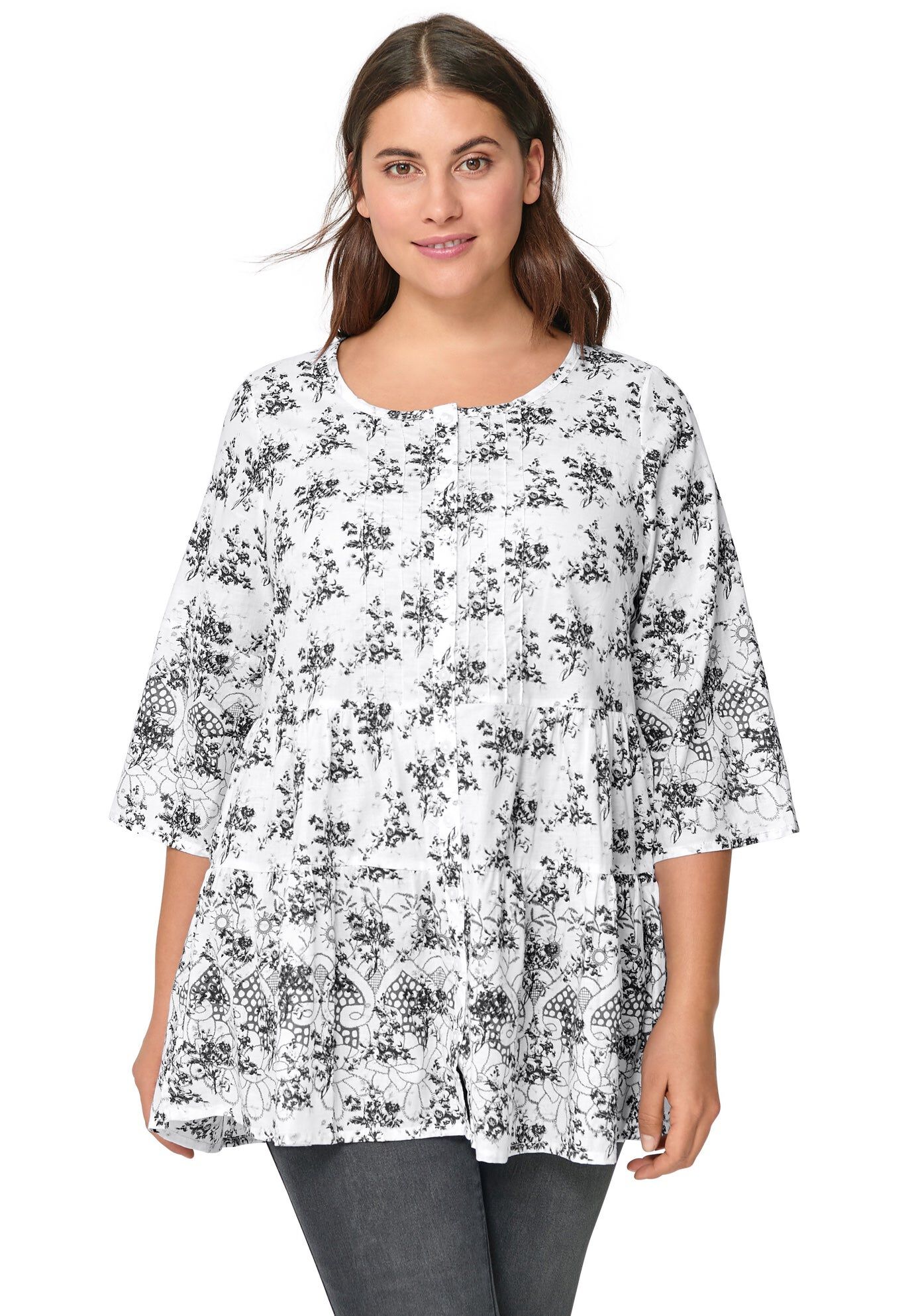 Tiered Floral 3/4 Sleeve Tunic, BLACK WHITE PRINT, hi-res image number 0