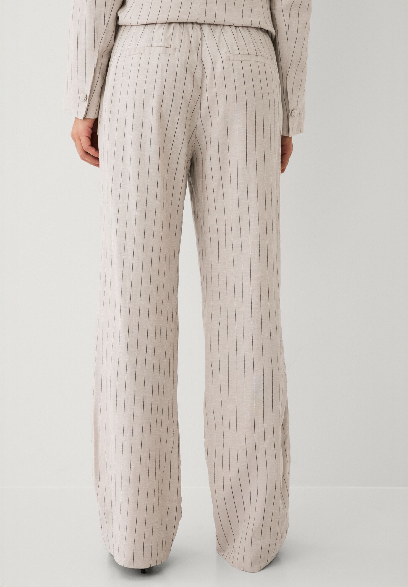Wide Leg Elastic Waist Linen Trouser, OATMEAL BLACK STRIPE, on-hover image number 1
