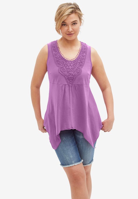 Crochet Trim Hanky Hem Tank, ORCHID ROSE, hi-res image number null