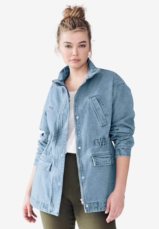 Denim Jacket With Elastic Waist, LIGHT STONEWASH, hi-res image number null