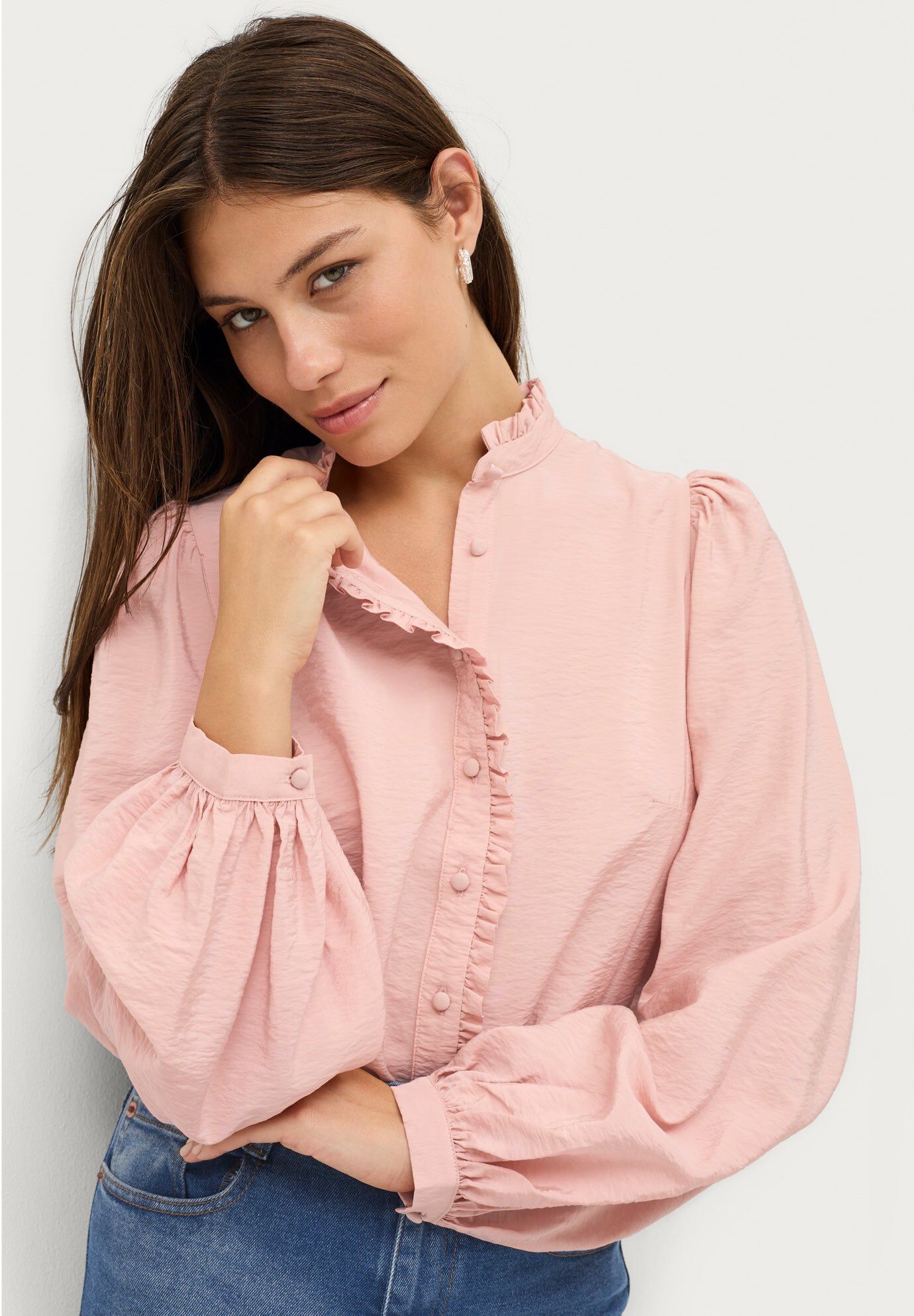 Ruffle Trim Button Front Blouse, MAUVE BLUSH, hi-res image number 0
