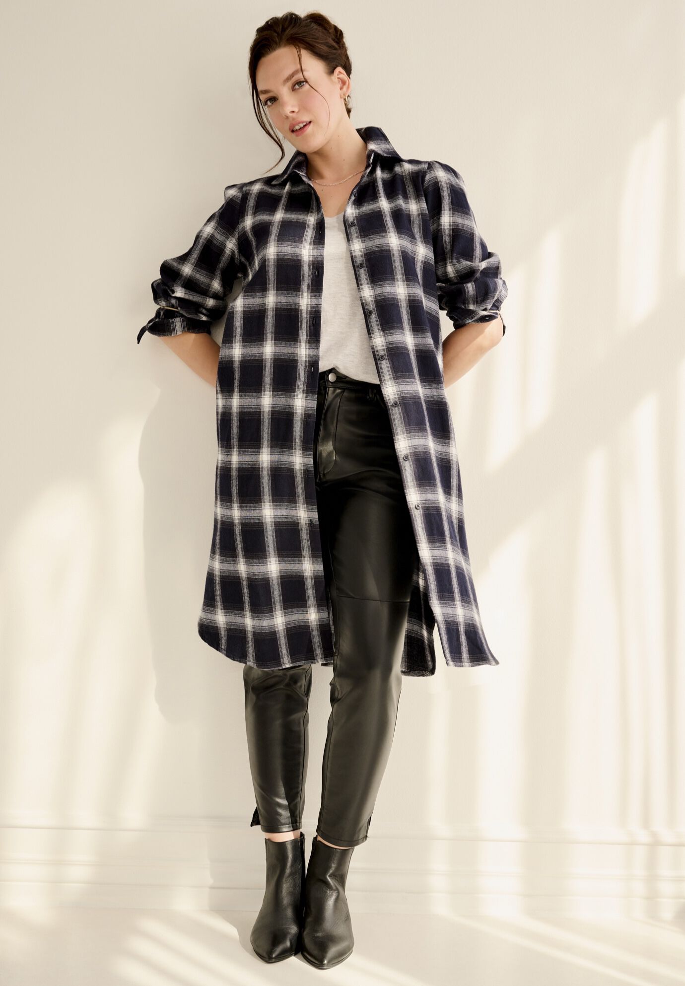 Flannel Button-Front Mega Tunic, NAVY PLAID, alternate image number 2