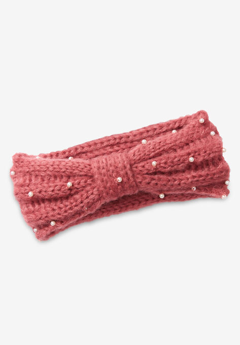 Cable Knit Pearl Trim Headband, BURGUNDY ROSE HEATHER, hi-res image number null