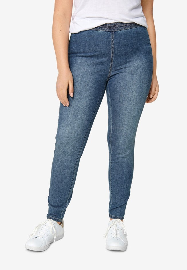Elastic Waist Denim Jeggings, DARK STONEWASH, hi-res image number 0
