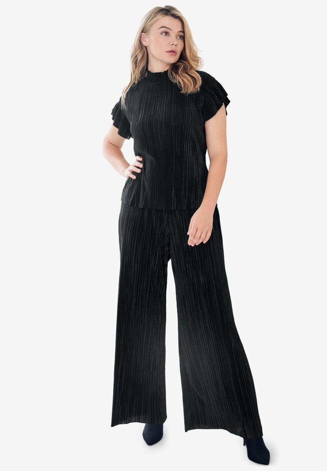 Wide Leg Pull On Plisse Pants, BLACK, hi-res image number null